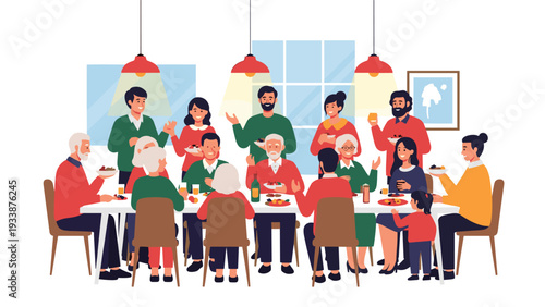 Large multi-generational family enjoys a festive dinner together at a long table during a holiday celebration in a cozy home interior.