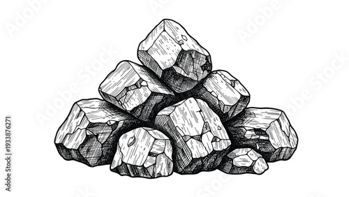 Detailed hand-drawn sketch of a pile of coal pieces or rocks stacked together with intricate shading on a plain and clean white background.