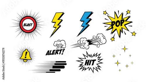 Comic Book Icons: Vibrant comic book illustrations with eye-catching elements such as lightning bolts, explosion, and word bubbles creating a sense of action and excitement. 