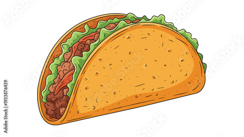 Delicious beef taco filled with seasoned meat, fresh green lettuce, and red tomatoes in a crispy folded corn shell for a tasty snack.