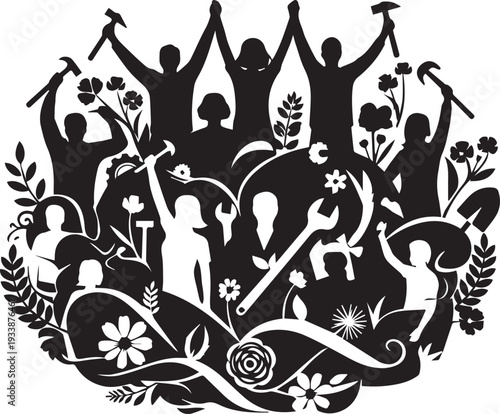 Labor day celebration silhouette vector with workers and tools in floral composition design
