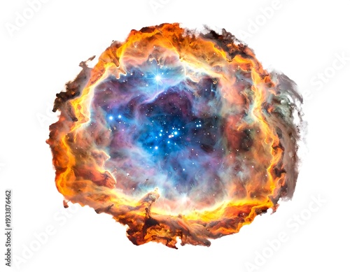 A vibrant, fiery space nebula with swirling orange and blue gases and luminous stars