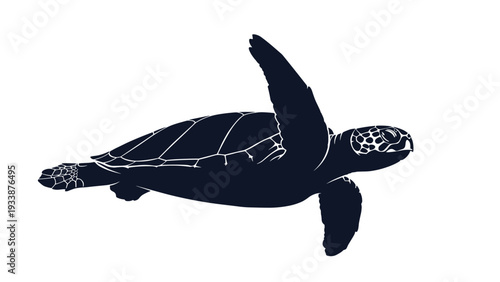 Dark silhouette of a sea turtle gliding gracefully through the water with its flippers extended against a simple white background.