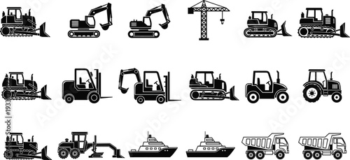 Construction Vehicle Icons Including Bulldozers Excavators Crane Forklift and Dump Trucks Keywords: construction, vehicle, icon