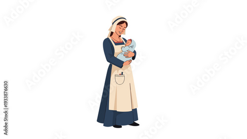 Medieval woman in traditional long dress and headpiece holding a baby wrapped in a blue blanket with a gentle smile.