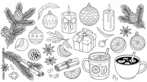 Detailed black and white set of Christmas ornaments, pine branches, candles, gifts, and hot beverages for winter holiday themes.