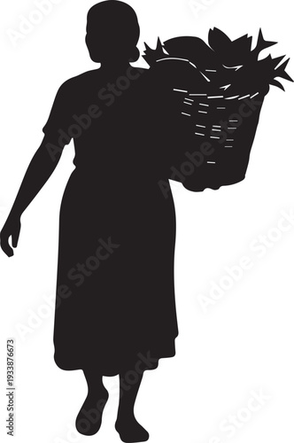 Woman silhouette carrying basket filled with fish vector illustration in flat design style