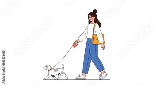 Stylish young woman with a shoulder bag walking her small spotted puppy on a red leash across a white background.