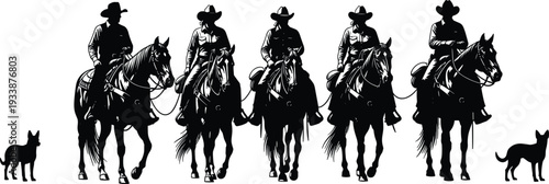 Cowboys on horseback with dogs in silhouette on white background Keywords: cowboys, horses, dogs, western, rodeo, ranch, riding