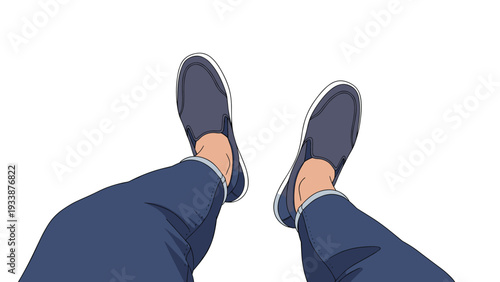 First person perspective of a person sitting down wearing blue denim jeans and dark blue slip-on shoes against white.