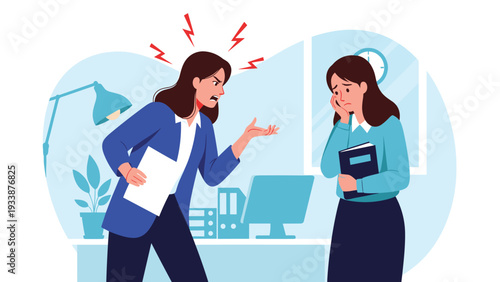 Angry female boss shouting at a stressed employee holding a folder in an office setting with a computer and lamp.