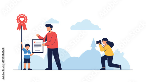 Young boy proudly holding a certificate and a heart ribbon while his father smiles and a woman takes his photo.
