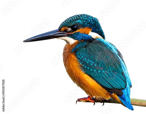 A vibrant kingfisher perched, with bright blue plumage and orange underbelly, isolated against a white background