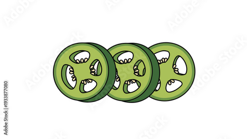 Three fresh slices of green jalapeno pepper with visible seeds arranged horizontally on a clean white background.