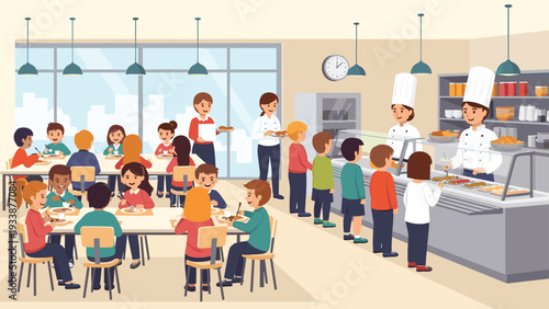 Busy school cafeteria scene with children standing in line to receive hot meals from chefs and others eating at tables.