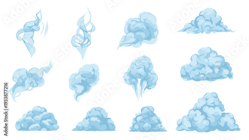 Set of various blue smoke and cloud puffs illustrated in different shapes and sizes on a simple white background.