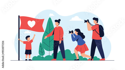 Group of activists holding a red flag with a white heart while being photographed by a team of professional media.