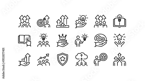 Minimal line icons featuring creativity, innovation, problem solving, and idea development concepts in editable EPS format.