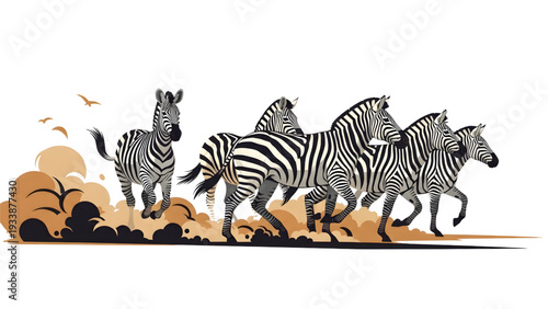 Zebras running freely in savannah landscape with birds flying overhead