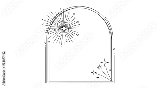 Minimalist line art illustration of a decorative arch frame embellished with sparkling stars and magical elements.