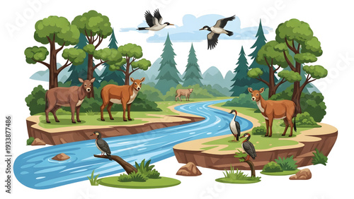 Serene forest landscape with deer and birds by a winding river