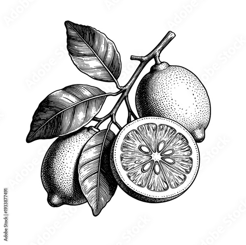 Antique lemon citrus branch etching illustration for vintage botanical fruit concept