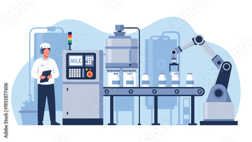 Modern dairy factory production line with a technician monitoring automated machines filling milk bottles on a belt.