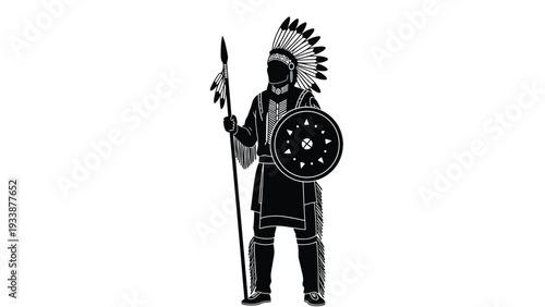 Black silhouette of a native american warrior in traditional feathered headdress holding a long spear and round shield.