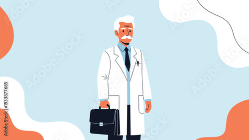 Confident senior male doctor in a white lab coat and blue tie holding a black leather briefcase in a medical clinic.
