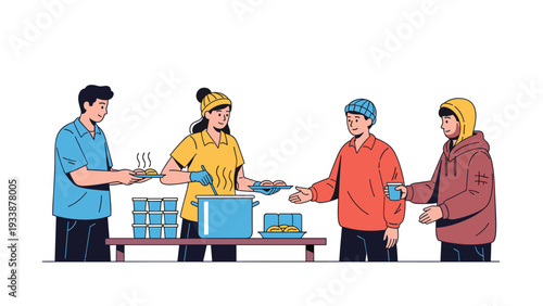 Compassionate volunteers serving hot soup and meals to a group of people from a large pot at a charity food bank.