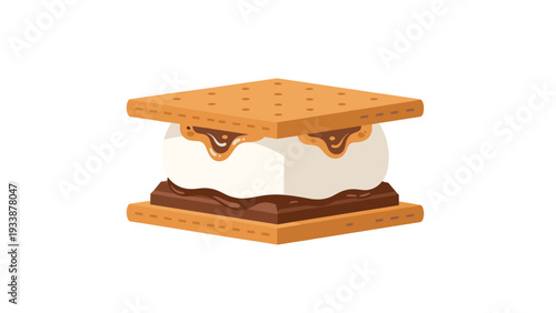 Delicious s-more dessert with melted chocolate and toasted marshmallow between two crunchy graham crackers on white.