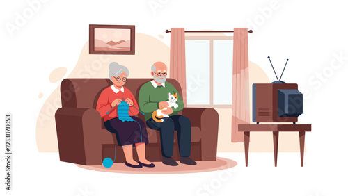Elderly couple sitting on a sofa watching television while the woman knits and the man holds a pet cat in their home.