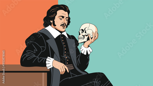 Hamlet character holding a human skull while contemplating life and death in a stylized theatrical literature illustration.