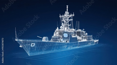 Wallpaper Mural Wireframe illustration of a warship on a blue background Torontodigital.ca