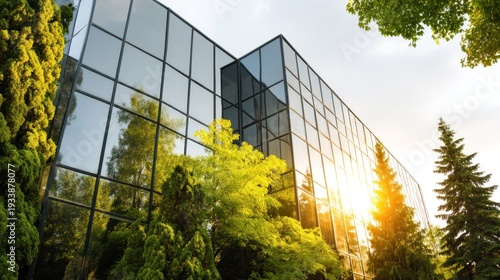 Wallpaper Mural Modern glass building with green trees sunny day Torontodigital.ca