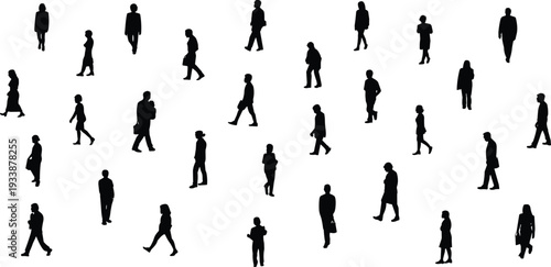 Silhouettes of people walking and standing in various poses on a white background black
