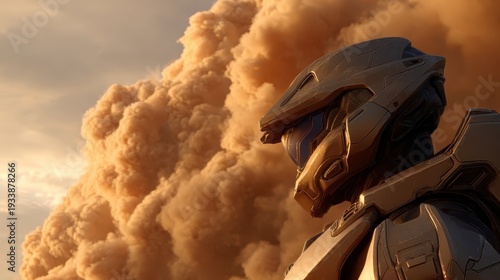 Soldier Stares at Explosive Dust Cloud Under a Dramatic Sky at Dusk