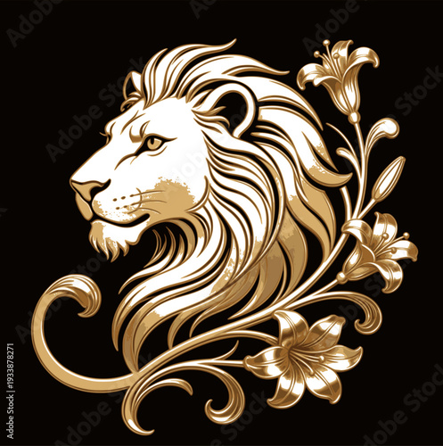the head of a male lion in golden lines and floral carving and black background