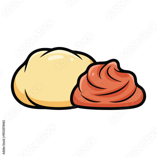 Illustration of yellow and red creamy substances placed side by side on a plain surface viewed from directly above