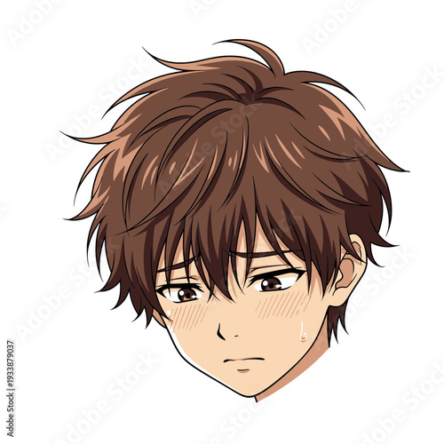 Anime boy with brown hair and a sad expression.