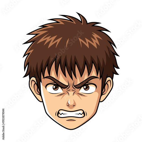 Angry anime boy face with spiky brown hair and intense expression.