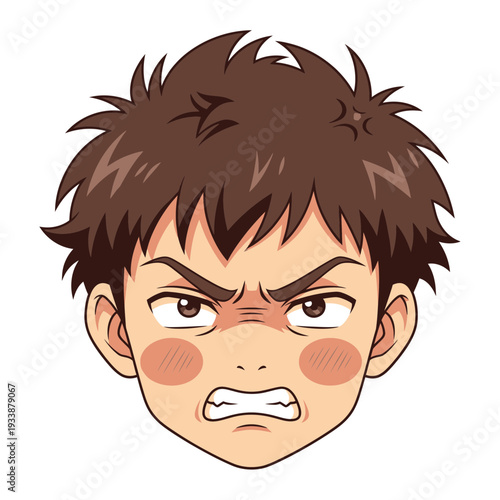 Angry young boy with spiky brown hair and flushed cheeks.