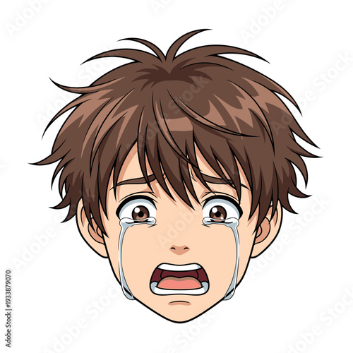 Anime boy crying with tears streaming down his face.