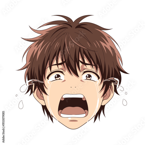 Anime boy crying with wide open mouth and tears streaming down face.