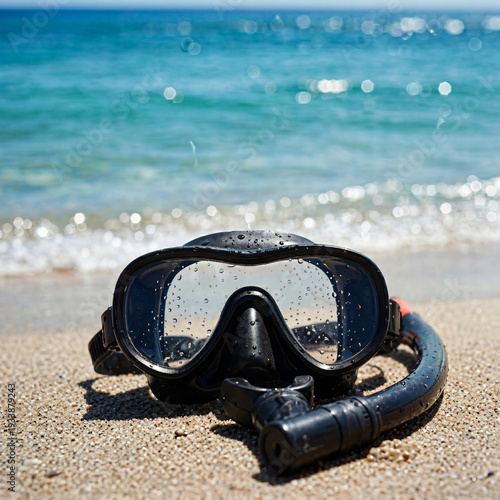 Masque et tuba de plongée posés sur le sable d'une plage ensoleillée face à la mer
