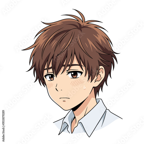 Anime boy with brown hair and a white shirt looking to the side.