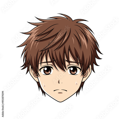 Anime boy with brown hair and sad expression looking forward.