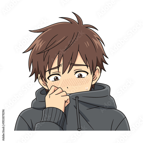 Anime Boy with Brown Hair and Hoodie Looking Shy.