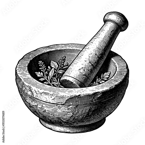 Antique mortar and pestle etching illustration for vintage apothecary pharmacy concept