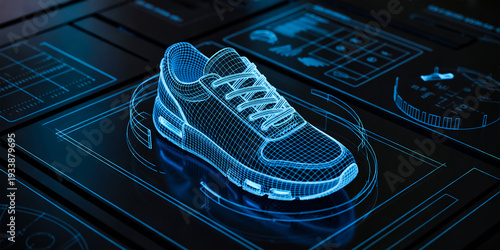 digital sneaker prototype, footwear r&d wireframe, futuristic manufacturing
